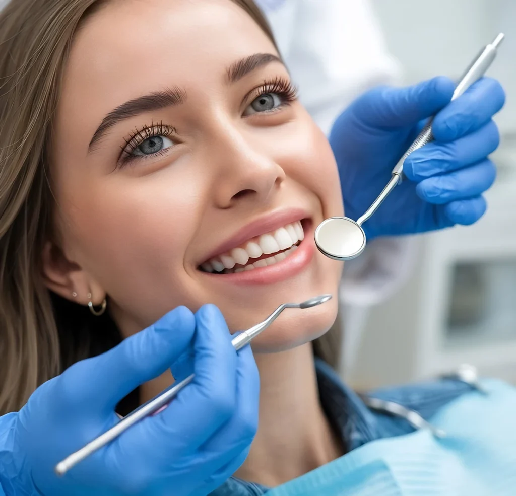 Modern bir klinikte doğal gülüş tasarımı için implant ve porselen lamine (veneer) tedavisi uygulayan uzman diş hekimi.