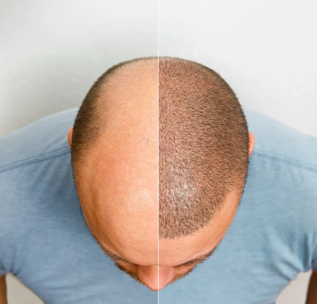 Hair transplant specialist performing hair restoration procedure in modern clinic